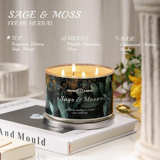 4-Wick Scented Candle - 18oz Soy Wax Blend Candle Over 50Hrs Long-Lasting Fragrance, Home Decor and Housewarming Gifts, Sage & Moss