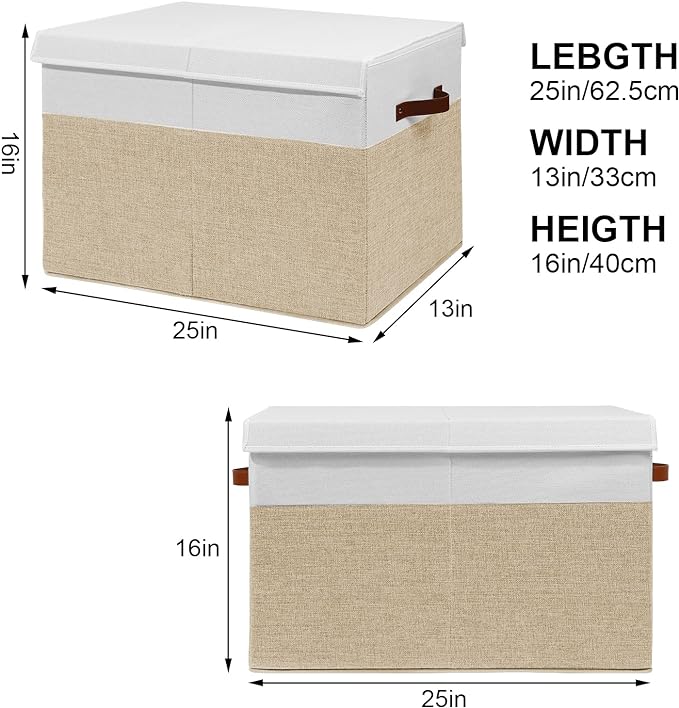 Large Toy Storage Box with Lid, Sturdy Toys Storage Chest Bin Organizer Basket with Dividers for Kids, Boys, Girls, Nursery, Closet, Bedroom, Playroom 25"x13" x16" (Beige and White)
