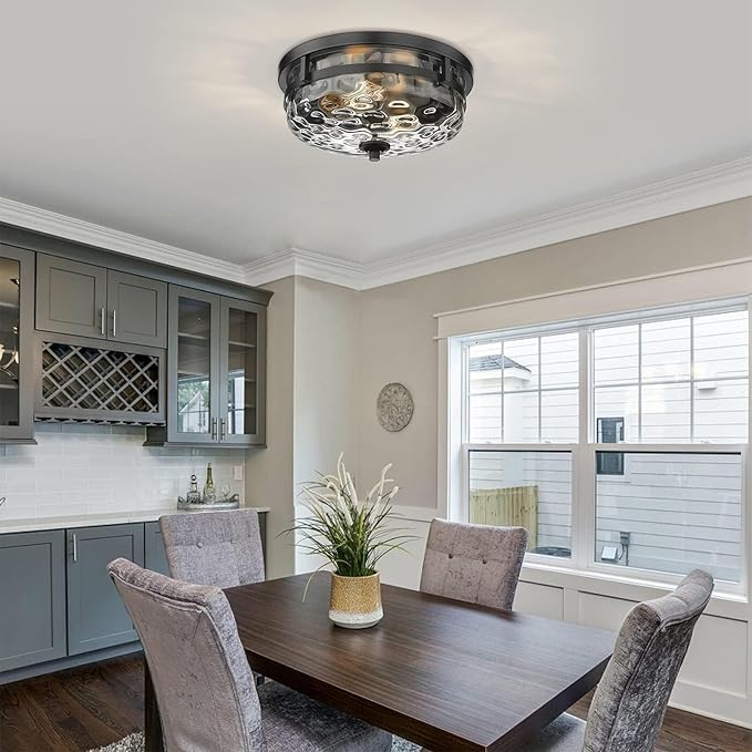 Casia Flush Mount Ceiling Lights, 2-Light Farmhouse Close to Ceiling Light, Hammered Glass Ceiling Light, Industrial Ceiling Lighting Fixture for Kitchen Hallway Living Room Stairwell (Black)