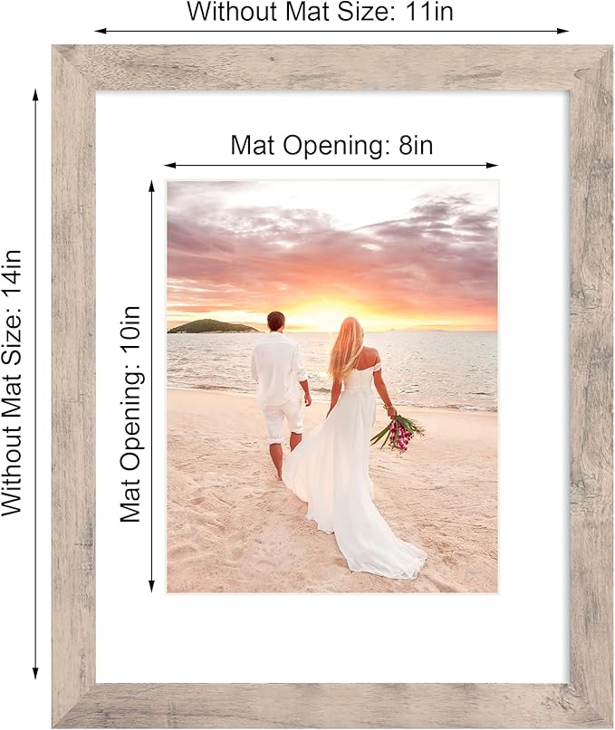 11x14 Picture Frame Set of 4 with Tempered Glass, Smoke Gray Frame Display 8x10 Pictures with Mat or 11 x 14 Without Mat, Wood Rustic Photo Frames for Horizontal or Vertical Wall Mounting