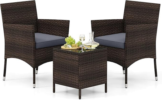 Tangkula 3 Pieces Patio Rattan Furniture Set, Outdoor Conversation Set with PE Wicker Armchairs, Tempered Glass Top Coffee Table, Soft Removable Cushions, for Porch Garden Yard Balcony (Grey)