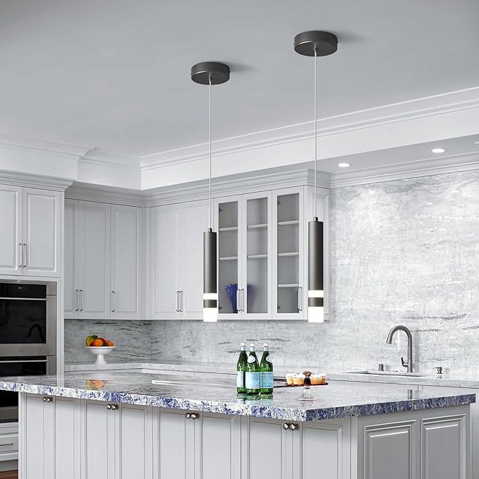 Modern Pendant Light Kitchen Fixture Dimmable LED Black Mini Pendant Lighting fo Kitchen Island Bedroom Bedside Table Small Pendant Lights (2-Pack)