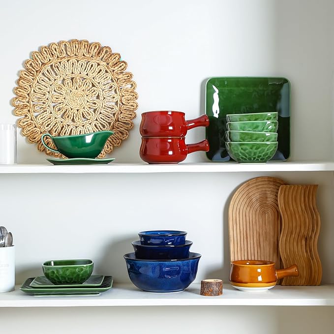 vicrays Ceramic Mixing Serving Bowl Set: Nesting Stoneware Kitchen Decorative Large Bowls for Prepping, Baking – Microwave Oven Dishwasher Safe – 9/7/5.7 inch, Set of 3 (Blue)