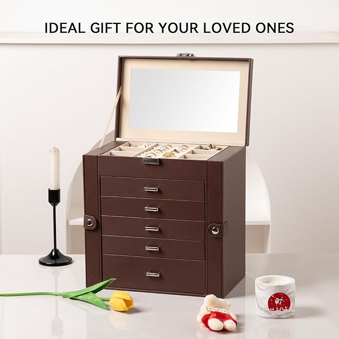 Frebeauty Large Jewelry Box,6-Tier PU Leather Jewelry Organizer,Multi-functional Storage Case with Mirror,Accessories Holder with 5 Drawers for Necklace Bracelets Watches(Dark Brown)