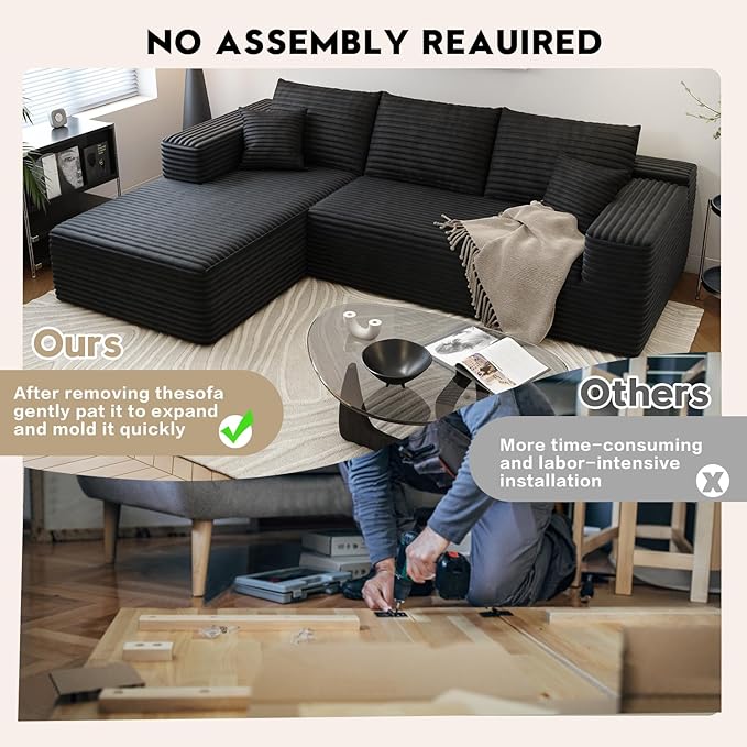 107.5" Cloud Sectional Couch with L-Shape Chaise,Modern Modular Sofa with Deep Seat, Upholstered Couches for Living Room Bedroom Apartments,No Assembly Required, (Black,Left Facing Chaise)