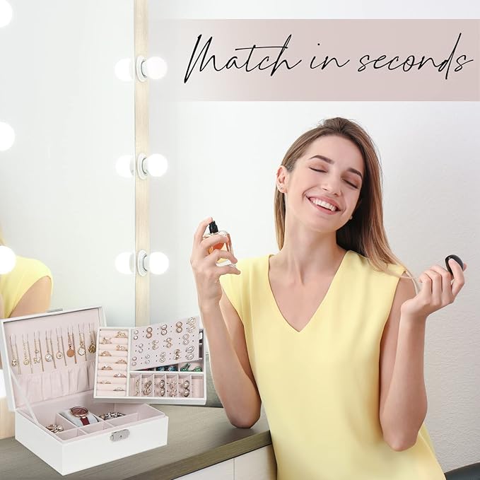 Jewelry Box for Women Girls, 2 Layers Jewelry Organizer Container with Lock, PU Leather Storage Case with Removable Tray, Jewelry Display Box for Necklaces Earrings Bracelets Rings Watches - White