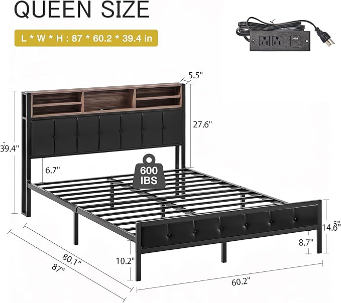 VECELO Farmhouse Metal Bed Frame Queen Size with Wooden Headboard & Footboard, Solid Platform Mattress Foundation with Storage, LED Light, Charging Station, USB Ports, Noise-Free, Easy Assembly, Black
