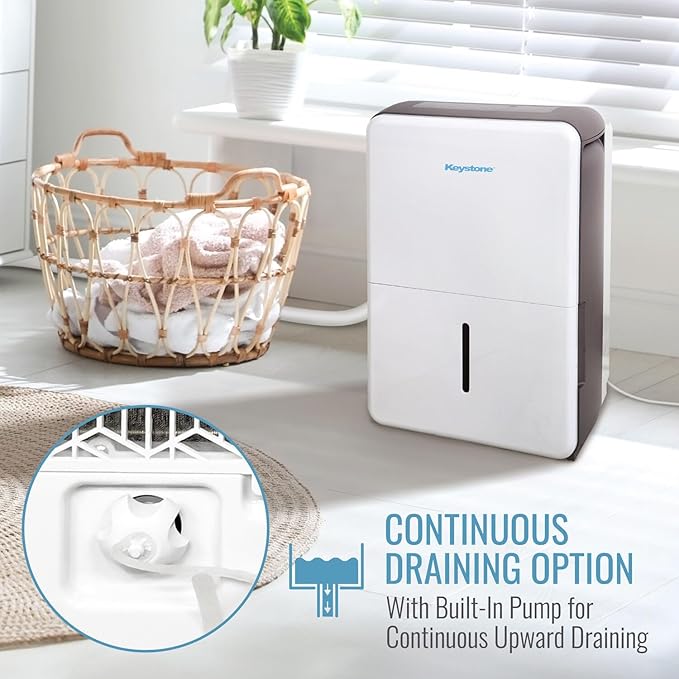 Keystone Energy Star 50-Pint Portable Dehumidifier, 115V, Extra Large Rooms up to 4,500 Sq.Ft. with Built-in Pump, Quiet Home Dehumidifier and Moisture Absorber