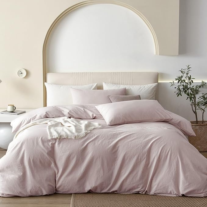 JIYUAN 100% Washed Cotton Duvet Cover Set 3 PCS Oversized King Plus, 1 Duvet Cover 128"x120"(Comforter Not Included) and 2 Pillowcases,Linen Like Comfy and Breathable,Heathered Greyish Pink