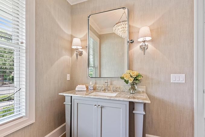 ANDY STAR 22"x34" Brushed Nickel Pivot Mirror for Bathroom, Silver Metal Frame Bathroom Mirrors for Wall,Rectangle Titling Vanity Wall Mirror with Rounded Corner Design Hangs Vertically Only