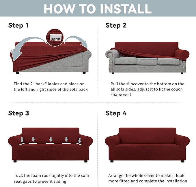 LURKA Stretch Oversized Sofa Slipcovers 1 Piece Couch Covers for 3 Cushion Couch Sofa Furniture Protector Full Sofa Covers with Elastic Bottom for Kids and Pet (X-Large,Dark Red)