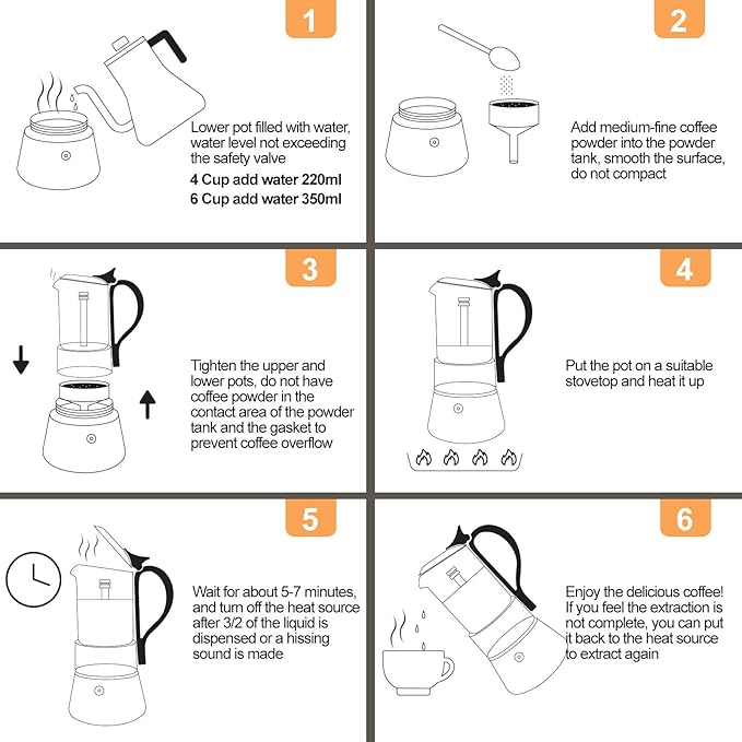 Clear Glass Moka Pot 6 Cup 350ml Stainless Steel Coffee Maker Uncoated Stovetop Espresso Percolator Coffeemaker Italian Classic Style Brewing Greca Cafe Mocha Machine for Cafeteras Camping Travel Home