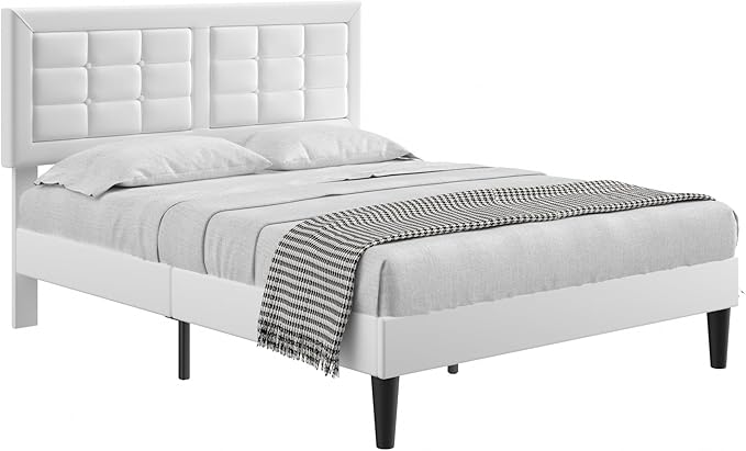 VECELO Full Size Bed Frame with Adjustable Headboard, Upholstered Button Tufted Platform Bedframe with Wood Slats Support, No Box Spring Needed, Linen & White