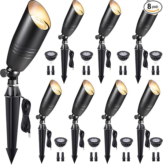 Spot Light Brass - Outdoor Landscape Spotlights LED, 12V Low Voltage Landscaping Uplights, Hard-Wired All Weather Black for Backyard Lawn with Cold White Changeable Bulbs (8 Pack)