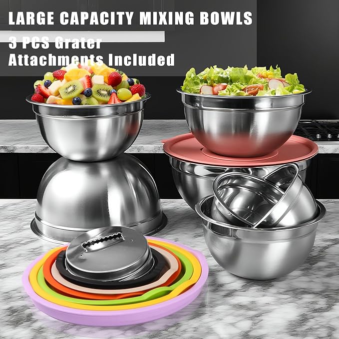 Lazycorner Stainless Steel Mixing Bowls with Airtight Lids Set of 7 Stainless Steel Bowls Set with 3 Grater Attachments Great for Serving & Baking