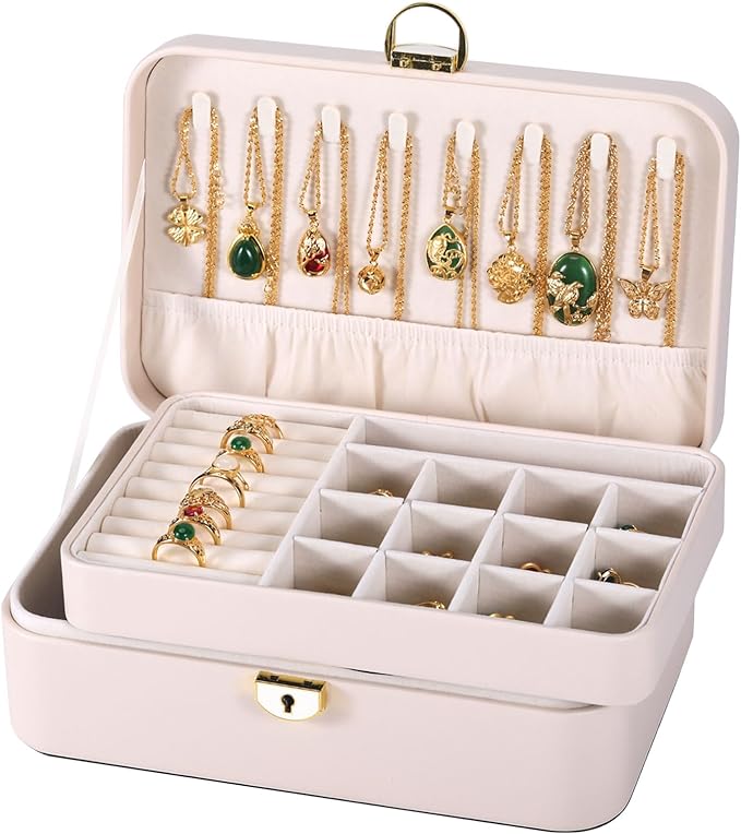 Travel Jewelry Case With Lock, 2-Layer PU Leather Jewelry Box for Women, Ring Box and Jewelry Organizer, Large Jewelry Travel Case,Best Gifts for Women for the Holidays(White)