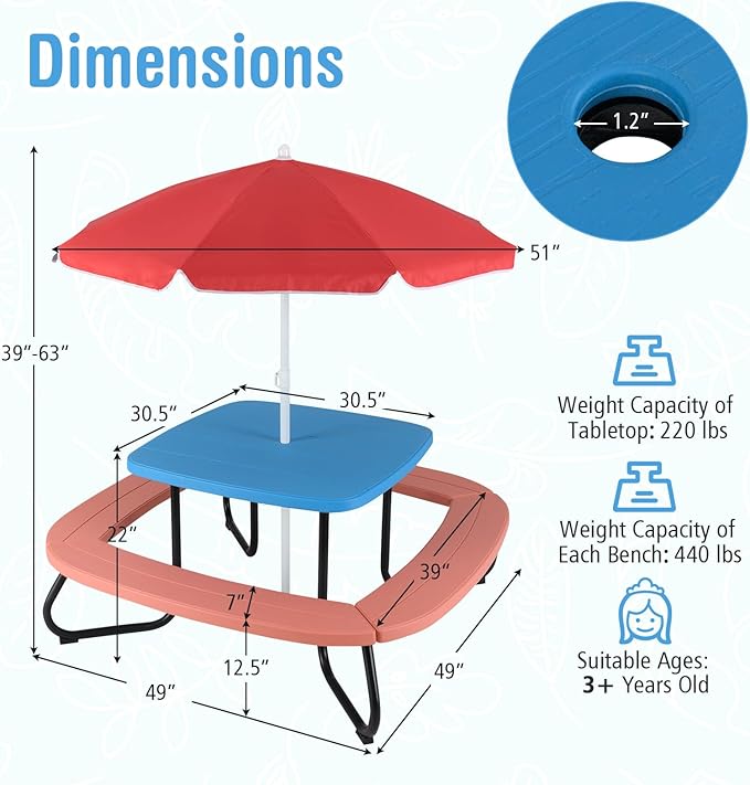 KOTEK 8-Person Kids Picnic Table, Toddler Activity Table with Removable Umbrella, 4 Built-in Benches, HDPE Top & Metal Frame, Kids Outdoor Table for Patio Garden Backyard (Blue+Red)