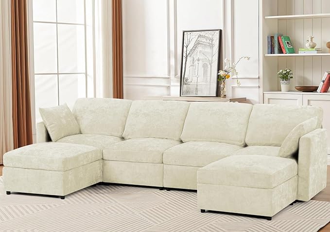 110” Chenille 4 Seats Sofa W/2 Movable Ottoman, Modern Fabric U-Shaped Couch with Soft Backrest, Upholstered Sectional Sofa with Armrest Pillows for Living Room, Office, Beige