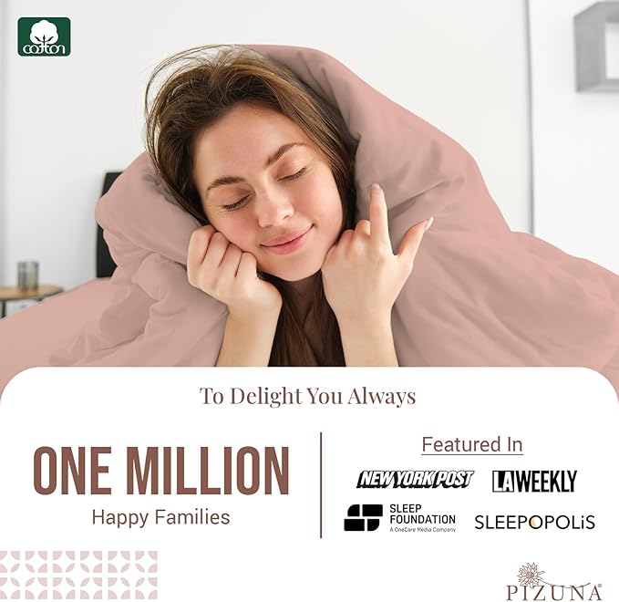Pizuna Pure 100% Cotton Queen Duvet Cover Set, Luxurious 400 Thread Count Long Staple Cotton Sateen Weave with Button Closure (Combed Rose Pink Cotton Duvet Cover Queen)