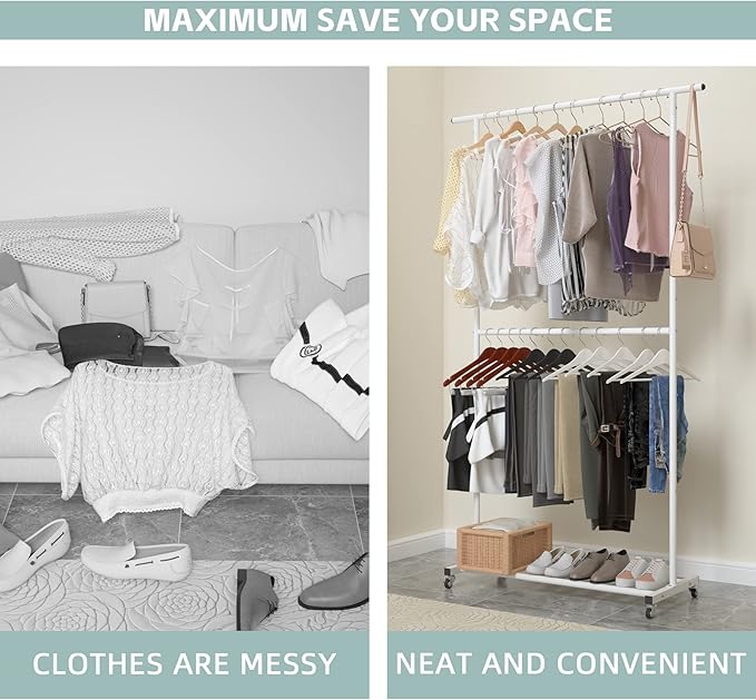 Sywhitta Double Rod Clothing Garment Rack, Rolling Clothes Organizer on Wheels for Hanging Clothes, Easy to Assemble, Adjustable, White