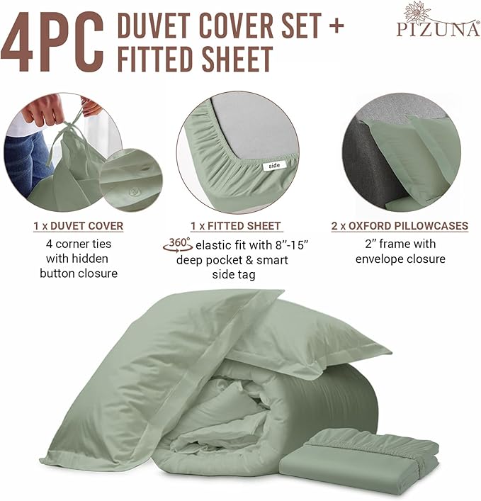 Pizuna 100% Cotton Full 3 Pc Duvet Cover + 1 Pc Fitted Sheet Set 400 Thread Count Sea Foam Sateen Weave Luxurious Long Staple Cotton 4 Piece Bedding Set - 1 Duvet Cover, 2 Pillow Shams, 1 Fitted Sheet