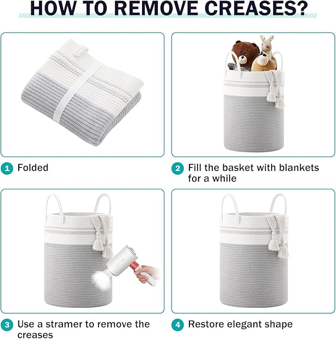 Woven Rope Laundry Hamper Basket, 72L Tall Luandry Basket, Baby Nursery Hamper for Blanket Storage, Clothes Hamper for Laundry in Bedroom-Large-Grey