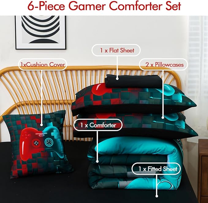 PERFEMET 6 Pcs Gamer Bed Set Twin Size Red and Teal Game Console Kids Bed in A Bag Set Soft Fluffy 3D Cool Teen Boys Gaming Comforter Set with Bed Sheet(Red Teal, Twin)