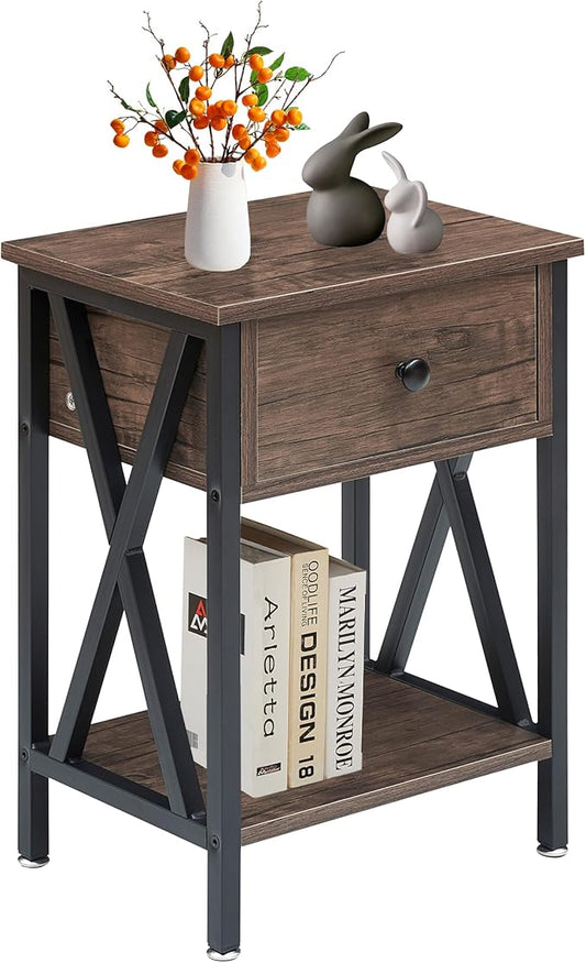 VECELO Nightstand,Modern Bedside End Table, Night Stand with Drawer and Storage Shelf for Living Room Bedroom, Industrial Metal Frame