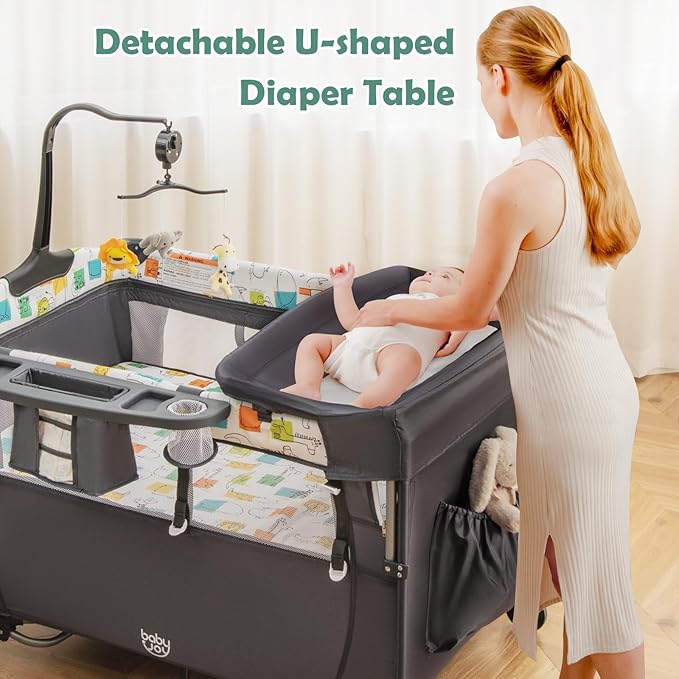 BABY JOY 5-in-1 Pack and Play, Baby Bedside Sleeper with Bassinet, Multifunction Bedside Crib from Newborn to Toddlers, U-Shaped Diaper Changer, Playard, Safety Strap, Music Box & Hanging Toys
