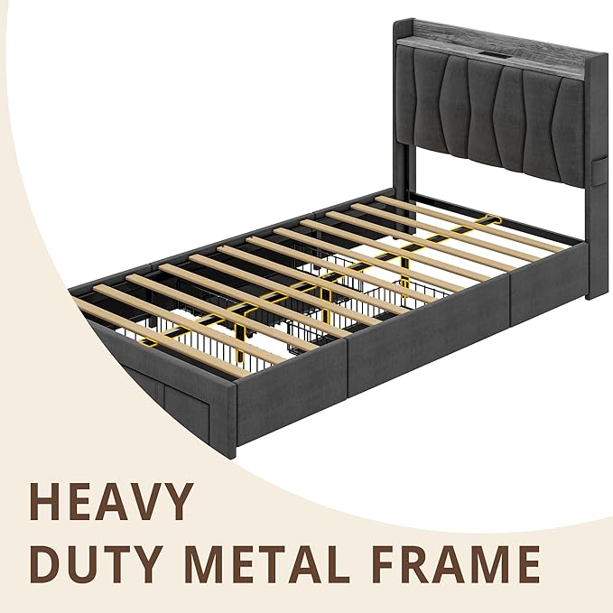 ANCTOR Twin Bed Frame with 3 Drawers, Upholstered Platform Bed with Storage Headboard and Charging Station, No Box Spring Needed, Easy Assembly, Grey