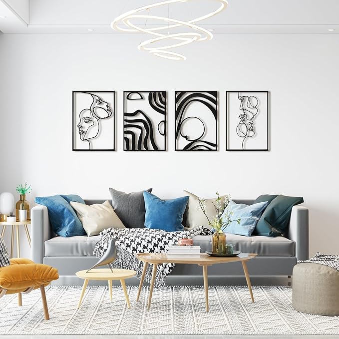 Art3d Metal Wall Art, Set of 4 Black Wall Decor for Living Room Bedroom Hallway Dining Room, Line Art Wall Décor, Life and Romance Story theme Minimalist Wall Art Style