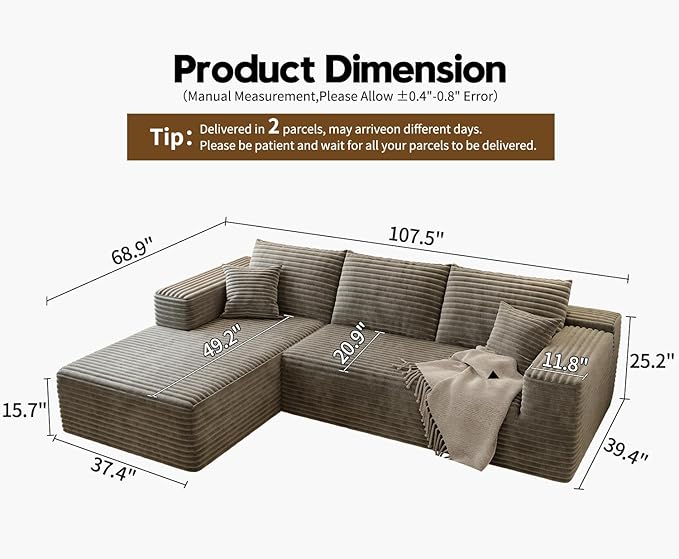 107.5" Cloud Sectional Couch with L-Shape Chaise,Modern Modular Sofa with Deep Seat, Upholstered Couches for Living Room Bedroom Apartments,No Assembly Required, (Camel,Left Facing Chaise)