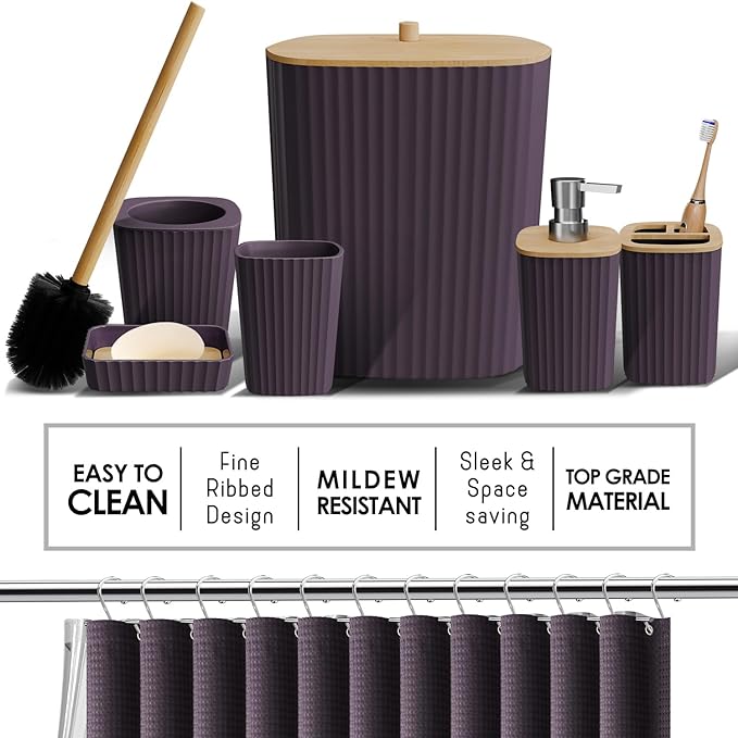 Shower Caddy and Bathroom Accessories Set, 25PC Bathroom Accessory Set with Shower Caddy for Bathroom Storage, Purple Shower Curtain Set, Toilet Brush, Trash Can, Soap Dispenser, Toothbrush Holder