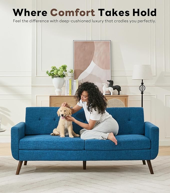 Tbfit 77.2" W Linen Sofa Couch, Mid Century Modern Decor Loveseat Couches for Living Room, Button Tufted Upholstered Small Couch for Bedroom, Solid, and Easy to Install Love Seats Furniture, Blue