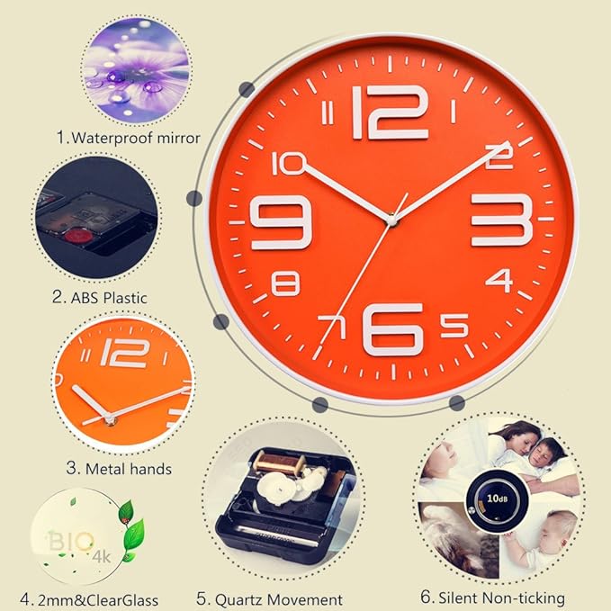 Zaoniy Non-Ticking Silent Quartz Wall Clock with Big 3D Number Modern Design Quiet Sweep Movement Indoor Decorative for Living Room Kitchen Wall Clocks Battery Operated 10-Inch (Orange)