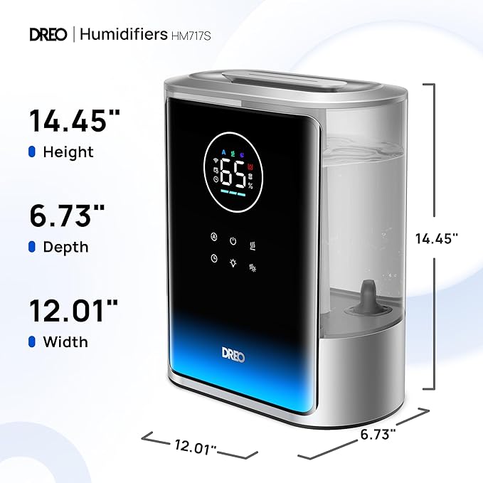 Dreo 8L Smart Humidifiers for Bedroom 600ftยฒ, 80H Runtime Warm&Cool Supersized Mist Humidifier for Large Room Indoor, Quiet Whole House humidifier for Baby, Plants, with Alexa/Google, Silver, HM717S