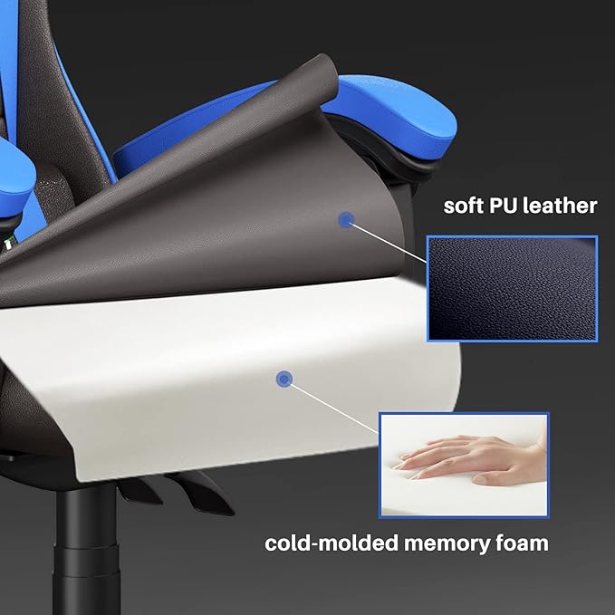 Gaming Chair High Back, Ergonomic Computer Gamer Chair with Headrest and Lumbar Support, Racing Style Reclining Game Chair for Adults, Kids (Blue-Black)