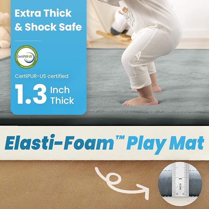 1.3" Thick Baby Play Mat for Floor Playpen, 50x50 Foam Tummy Time Mat, Padded Support Soft Plush Nursery Rug for Infant Kids Toddler Crawling Kick Activity (Light Grey)