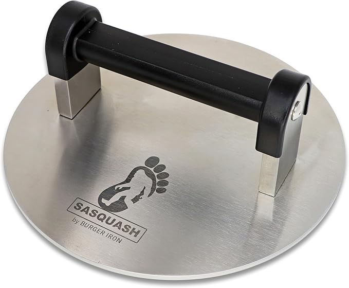 The Sasquash - Bigfoot Burger Smasher - Professional Grade Burger Press - Monster 8" Wide 3+ Pound Welded Stainless Steel Smashed Burger Grill Tool, Blackstone Griddle Steak Weight and Flat Top Press