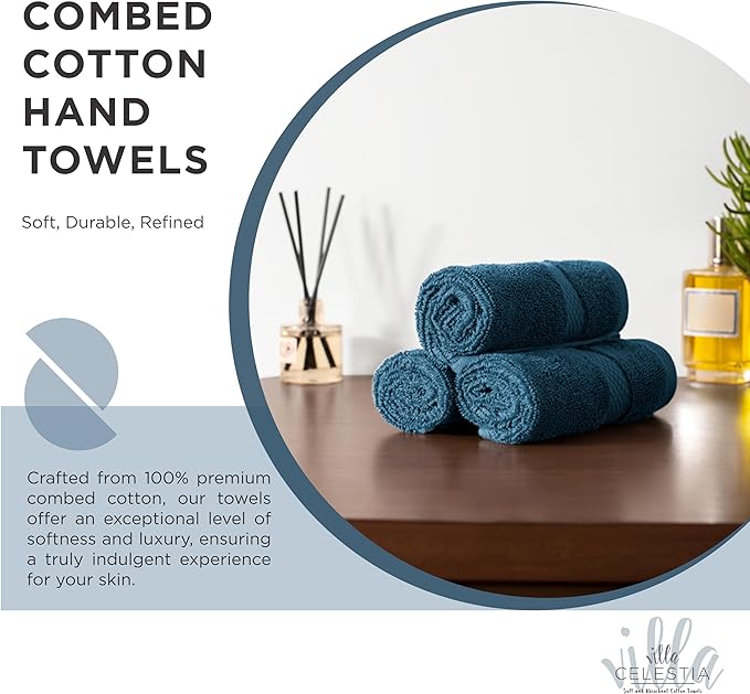 100% Cotton Hand Towel Set of 4, (16 x 28 inches) Sustainable, Soft, Highly Absorbent, Quick Drying, Combed Cotton Hand Towels Pack of 4 Ideal for Hotels, Spa, Bathroom, Dorm, Blue