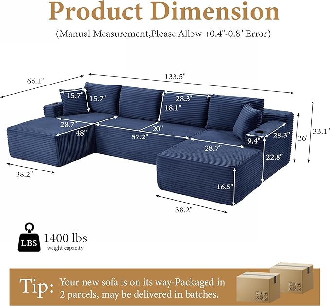 104''Sectional Cloud Couch with L Shaped Chaise,Modern Modular Sectional Sofa,Boneless Couch with Deep Seat,Comfy Couches for Living Room (Blue, U Shaped)