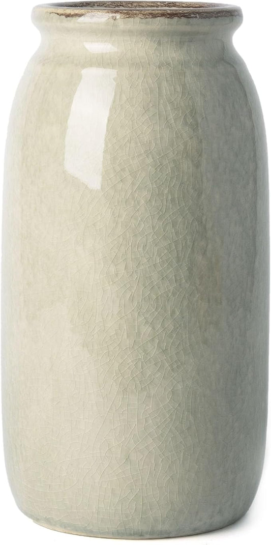 VICTOR & TERESA Rustic Large Green Vase for Home Decor, 10'' Tall Ceramic Vases for Flowers, Farmhouse Decorative Vases for Pampas Grass, Table, Mantel, Living Room, Centerpieces
