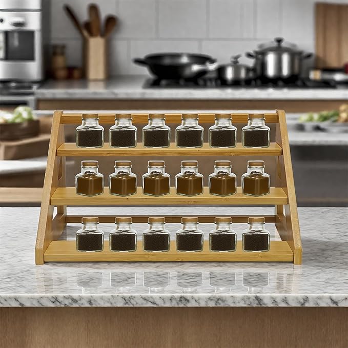 3-Tier Spice Rack Organizer,Bamboo Spice Rack for Kitchen Countertops,Cabinets & Pantries,Modern Space-Saving Design, Durable Bamboo Organizer (Spice Bottles Not Included)