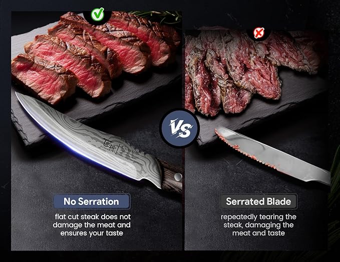 Steak Knives Set of 6 with Drawer Organizer, 4.8 Inch High Carbon Japanese Style Non Serrated Meat Knife with Wood Handle, Damascus Pattern Full Tang Design, Razor-Sharp Dinner Knives