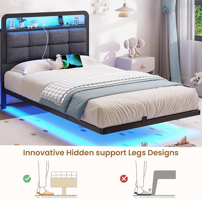 Hasuit Twin Floating Bed Frame with Charging Station and LED Lights, Twin Size Bed Frame with Wood Storage Headboard, Grey Upholstered Platform Bed, No Box Spring Needed, Noise Free