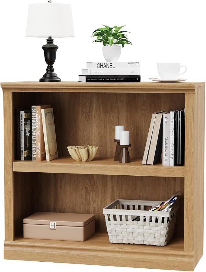 blini 2-Shelf Bookcase Wooden Bookshelves 33in Wide Floor Standing Display Storage Shelves Oak Bookcase for Home Office, Living Room, Bed Room