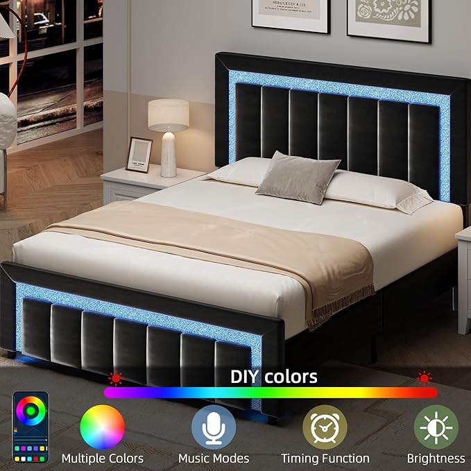 HOMBCK Full Size Bed Frame with LED Lights and Velvet Upholstered Headboard, Bed Frame Full with Modern Diamond Headboard Adjustable, Wooden Slats Support, Noise Free, No Box Spring Needed, Black