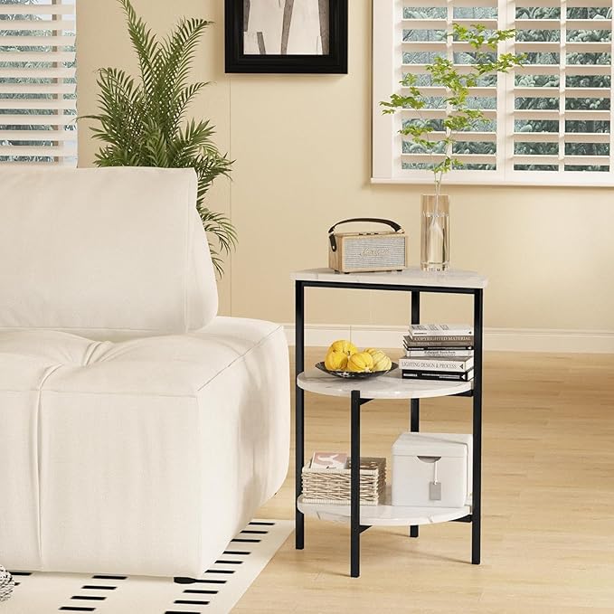 AWQM Marble End Table, 3-Tier Sofa Side Table, Small Round Bedside Table, Corner Table w/Metal Frame for Living Room Bedroom, White+Black