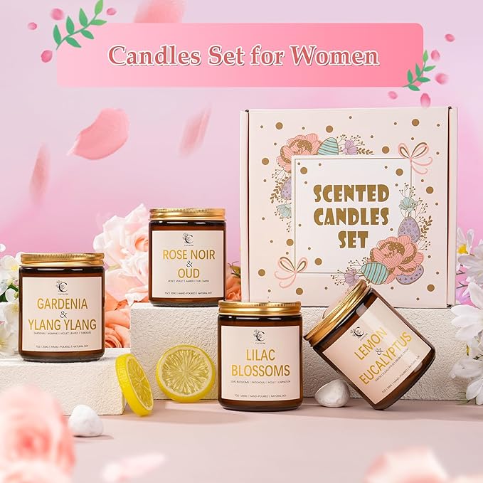 Scented Candles Gift Set, 4 Pack Birthday Candles for Home Scented, Aromatherapy Candles Set for Women Halloween Chirstmas Long Lasting Soy Wax Candles Non Toxic for Her, Rose/Lemon/Gardenia/Noir Oud