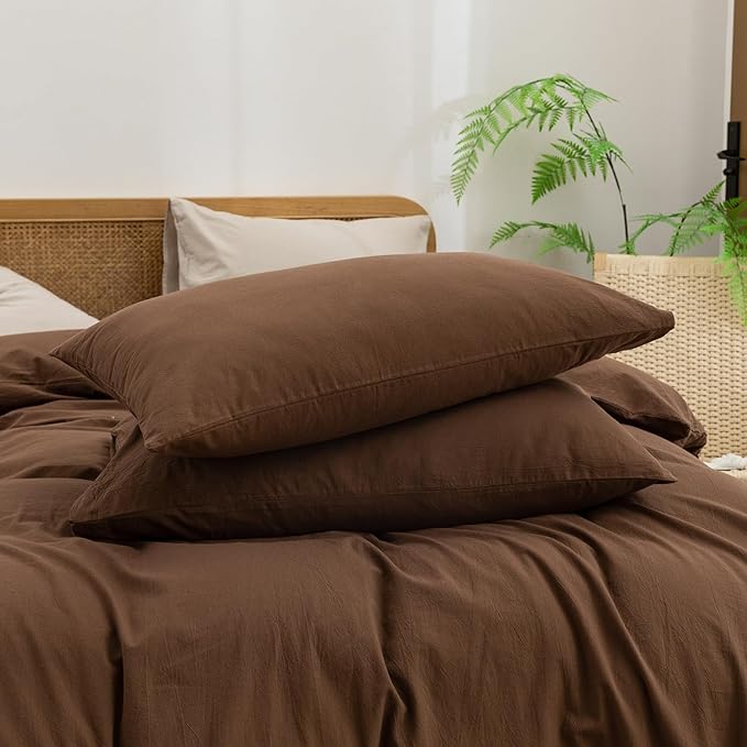 BESTOUCH Duvet Cover Set 100% Washed Cotton Linen Feel Super Soft Comfortable Chic Lightweight 2 PCs Home Bedding Set Solid Cocoa Brown Twin/Twin XL